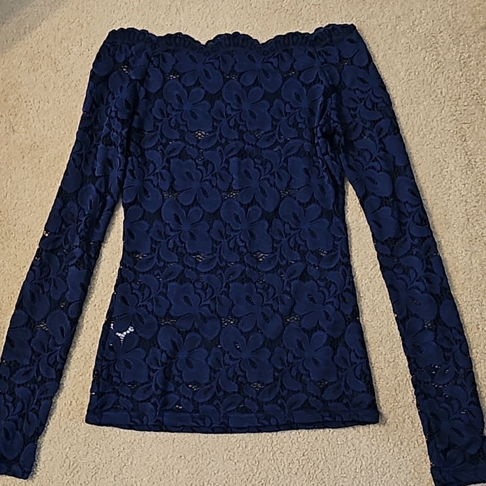 Amelieboutik one shoulder lace flower see through top with tube top Navy Blue XS